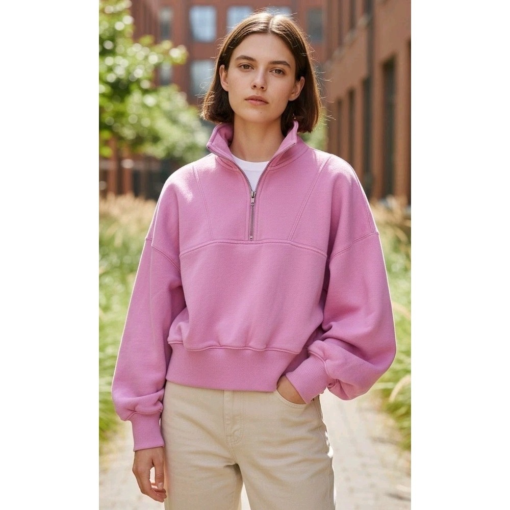 Abercrombie Kids Pink Half Zip Pullover Sweatshirt Cropped Preppy Thumbhole 7/8